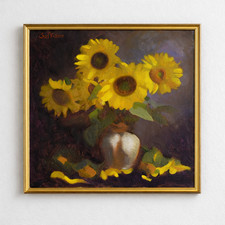 Dipinto olio girasole originale natura morta arte floreale da parete 16x15...