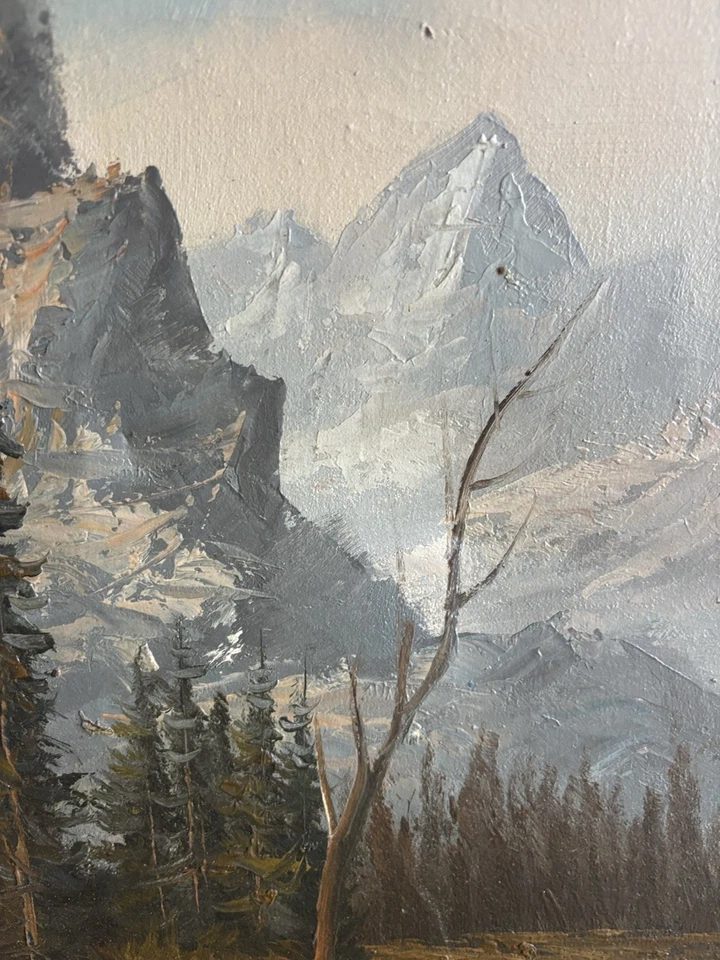 Pintura al óleo firmada de colección por Luffmann - Paisaje de montaña alpino con cabina Foto 4 de 4