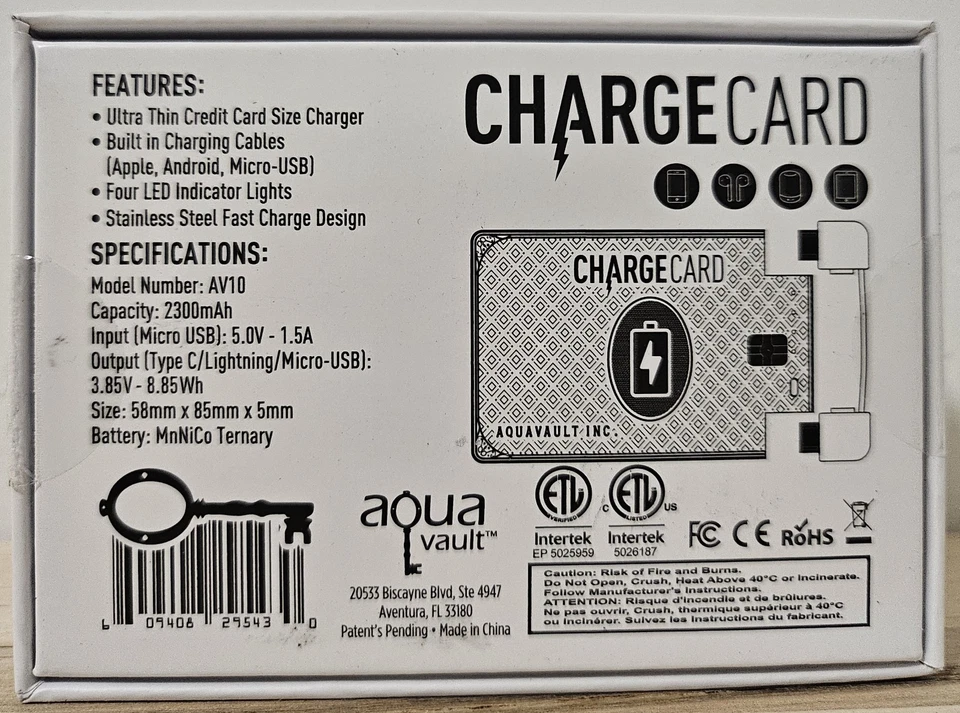 Aquavault ChargeCard 2300mAh Ultra Thin Portable Power Bank w/ Built-In Cables - Image 3 of 4
