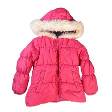 London Fog Puffer Jacket Kids Size 5-6 Pink Excellent Faux Fur Hood Ruffle Trim