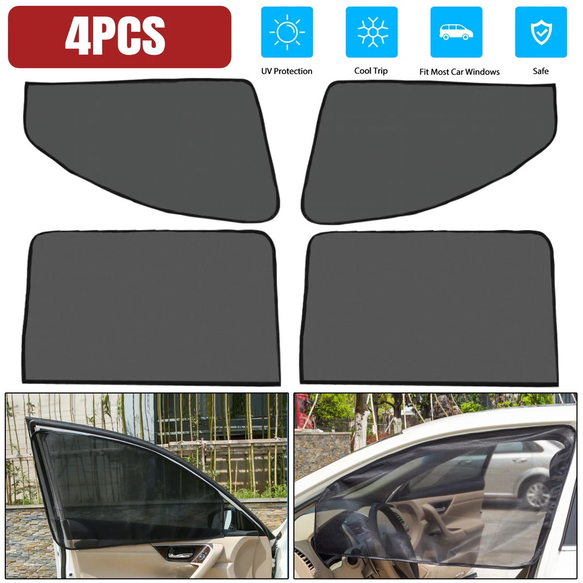 4PCS Car Side Window Sun Shade Cover Visor Mesh Shield UV Block