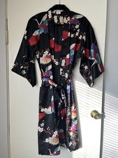Vintage Ichi Ban Japanese Kimono Robe Black Cranes Birds Floral Size 42 L XL