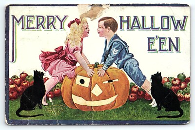 c1910 HALLOWE'EN HALLOWEEN BLACK CATS JACK O LANTERN EMBOSSED POSTCARD ...