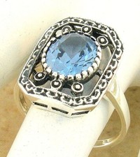 ANTIQUE STYLE 925 STERLING SILVER 2.60 CARAT SIMULATED AQUAMARINE RING   1079