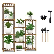 HBN Wood Plant Stand Indoor Outdoor,Wood Plant Shelf with 3 Tier Ladder & 9 Pots
