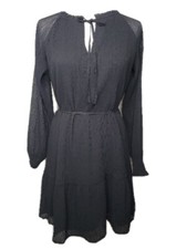 NWT $89.50 Loft Pleated Tie Neck Belted Dress XS Black Long Sleeve Party 