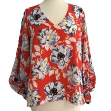 VICI V-Neck Red Floral Print Balloon 3/4 Sleeve Blouse Top