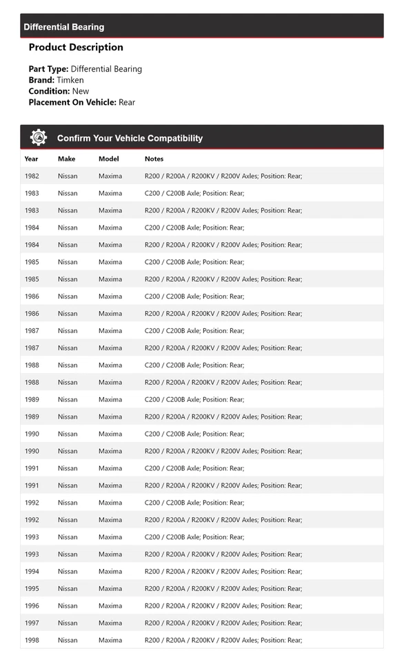 Cojinete diferencial trasero para Nissan Máxima 1982-1998 Timken 1983 1984 1985 1986 Foto 2 de 4
