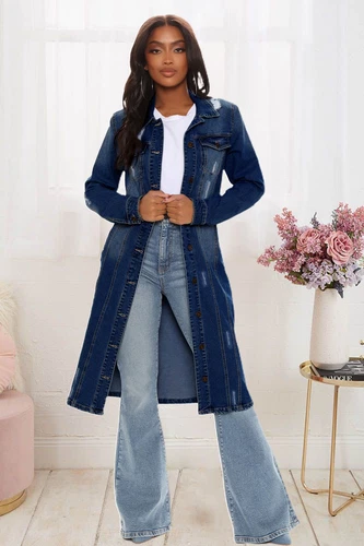 Damen Mode Denim Windbreaker Lange Vintage Denim Mantel Lange Jeansjacke Mantel - Bild 9 von 18
