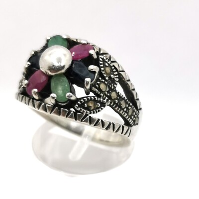 Women's ring silver 925 sapphire emerald ruby marcasite gemstones handmade size 57