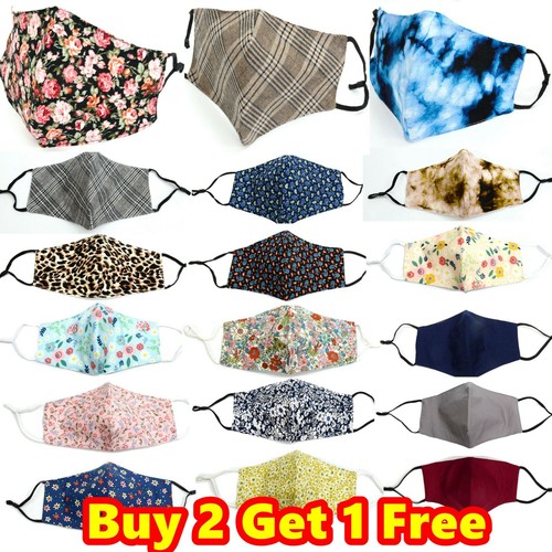 Unisex 100% Cotton 3 Layers Face Cover Mask Washable Reusable Breathable Dust - Picture 2 of 75
