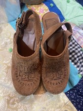 Tory Burch Brayden Slingback Clogs Almond Suede Leather Wood Heels Gold 6.5