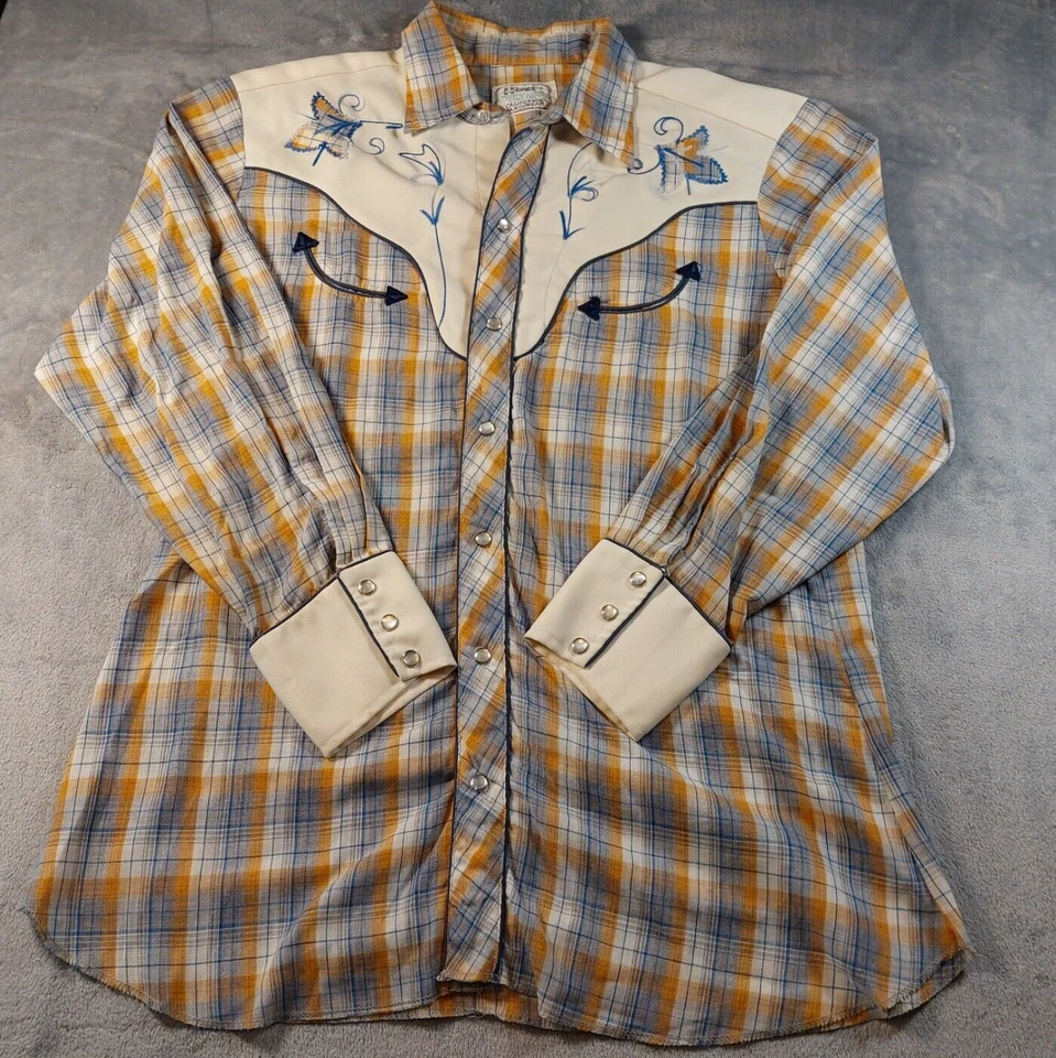 Camisa a Presión Perla H Bar C Vintage Bolsillo Sonrisa Años 70 Cuadros Azul Naranja Blanco Mediana Foto 4 de 4