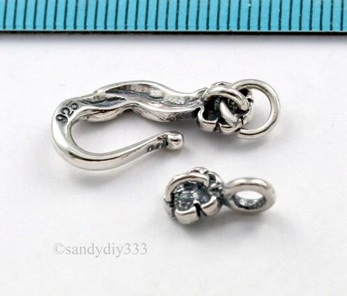 1 OXIDIZED BALI STERLING SILVER ROSE FLOWER LEAF FISH EYE HOOK CLASP 26.6mm #596 - Picture 3 of 3
