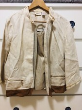 Chico's Women's Open Front Gold Linen Jacket Beaded Trim Size 1
