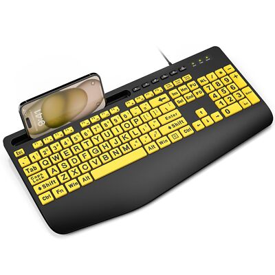 SABLUTE Large Print Keyboard Wired Computer Keyboards with Wrist Rest Phone H...
