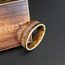 14K Gold Whiskey Barrel Ring Mens Wedding Band Antler Ring w/ Bourbon Wood Inlay
