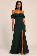 Show Me Your Mumu Emma Ruffle Maxi Dress Emerald Chiffon Off Shoulder Slit Small