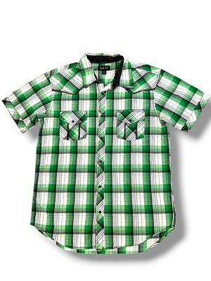 VTG Ely 1878 Pearl Snap Tartan Green Plaid Short-Sleeve Western Cowboy Men XL D4