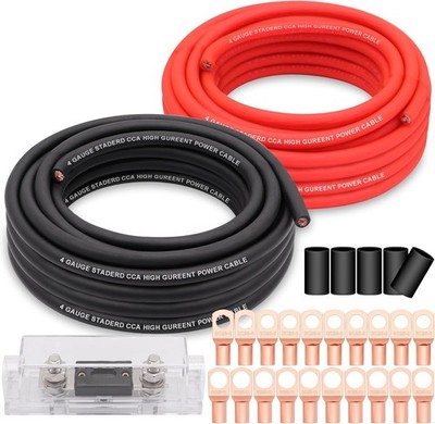 4 Gauge Wire Copper Clad Aluminum CCA 50FT Black/Red with 4ga W/ fuse block