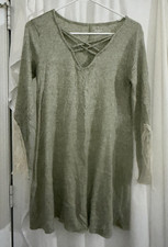 Olive Green Mini Dress Lace Up Neckline & Lace Inset Ends of Sleeves Size S Alya