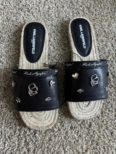 Karl Lagerfeld Espadrille Sandals With Silver Charms Black Tan Size 6 Women's
