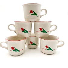 Red Tulip Flower White Coffee Cups Set of 6 Panache by Dema 2.5" x 3"