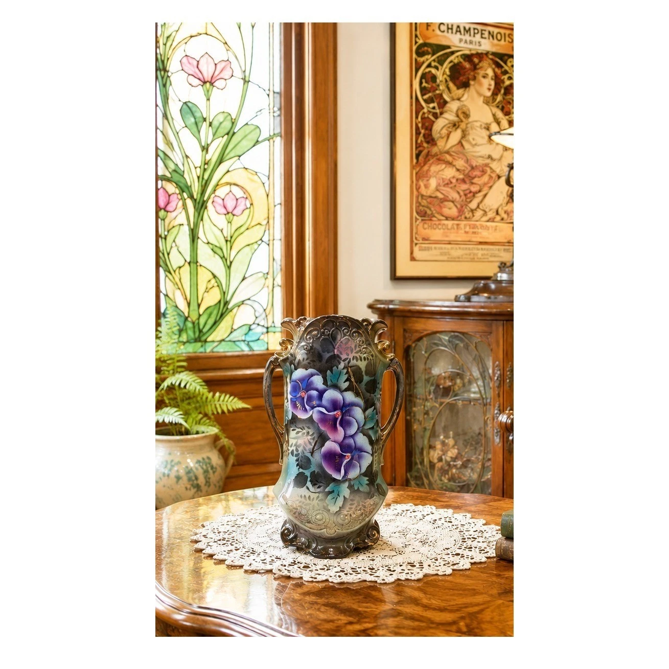 Antique LYNN Porcelain Vase Art Nouveau Hand Painted Purple Pansies Gold Trim