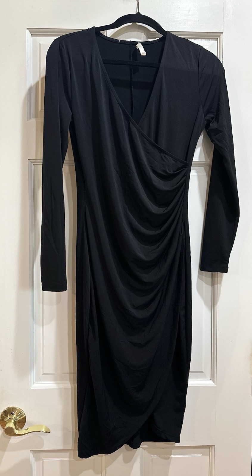 Women’s Intempo Black V-neck Faux Wrap Party Dress Long Sleeve Midi Ruche Small