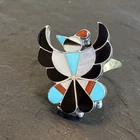 B Wallace Zuni Bird Vintage Sterling Silver Coral Turquoise Ring Size 7.75