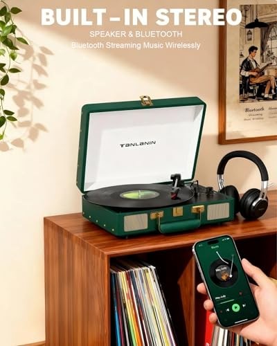 Vintage 3-Speed Bluetooth Record Player, Portable Suitcase Emerald Green