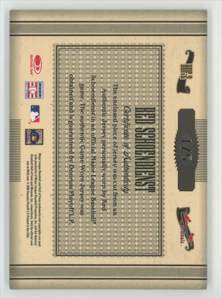 Camiseta deportiva Red Schoendienst 2005 Donruss Timeless Treasures HOF/5 #HOF-2 St. Louis Foto 2 de 2