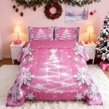 Pink Christmas Comforter Set Twin Size Christmas Tree Bedding Set Girls Glitt...