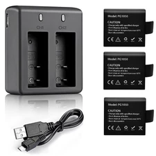 VVHOOY 3 x 1050mAh Rechargeable Action Camera Batteries USB Dual Charger