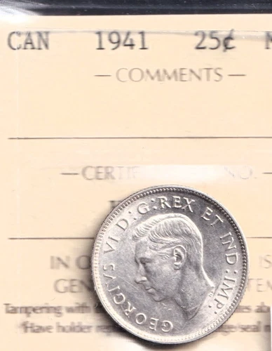 Canada 1941 25 Cent Quarter ICCS Certified MS-62 Brilliant Uncircualted White