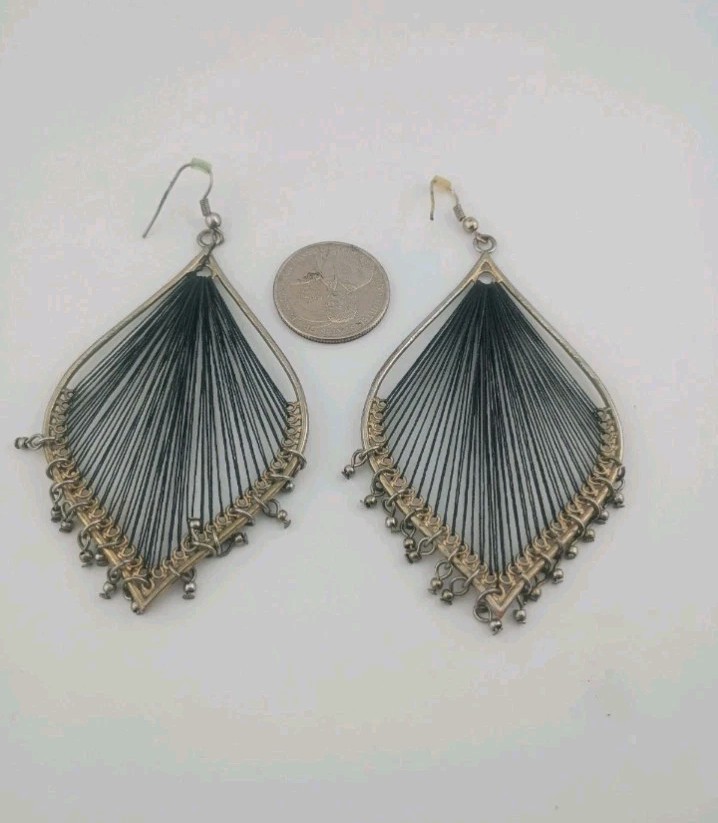 Brass Thread Leaf Dangle Drop Earrings Boho Black… - image 8