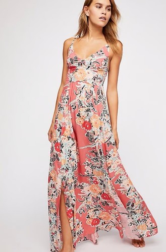 Free People Maxikleid Intimate Through the Vine koralle Seitenschlitz gesmokt Gr. L