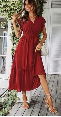 PRETTYGARDEN Dress V Neck Short Sleeve Belted Ruffle Hem A-Line Flowy NWT Sz L