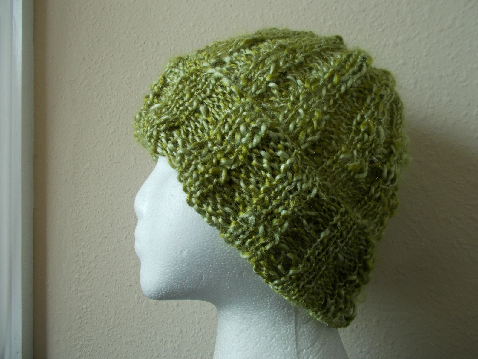 Hand knitted elegant and warm textured beanie/hat, olive & light green