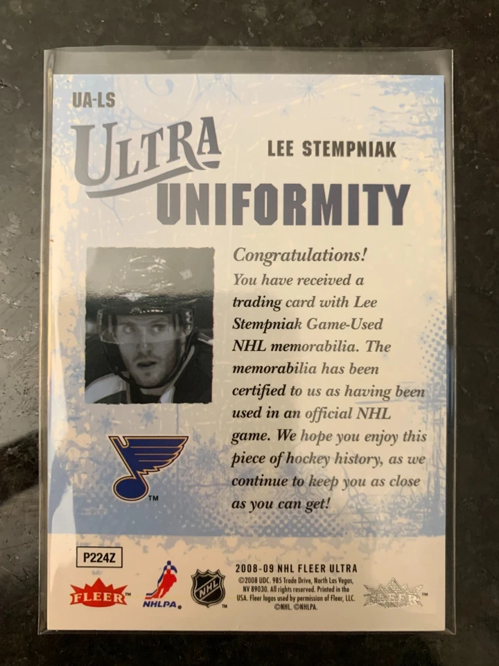 2008-09 Fleer Ultra St. Louis Blues Lee Stempniak Uniformity GUJ #UA-LS Blue NM - Image 2 of 2