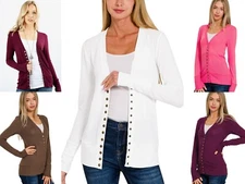 Women Snap Button Front V-Neck Soft Stretch Rayon Blend Fabric Sweater Cardigan
