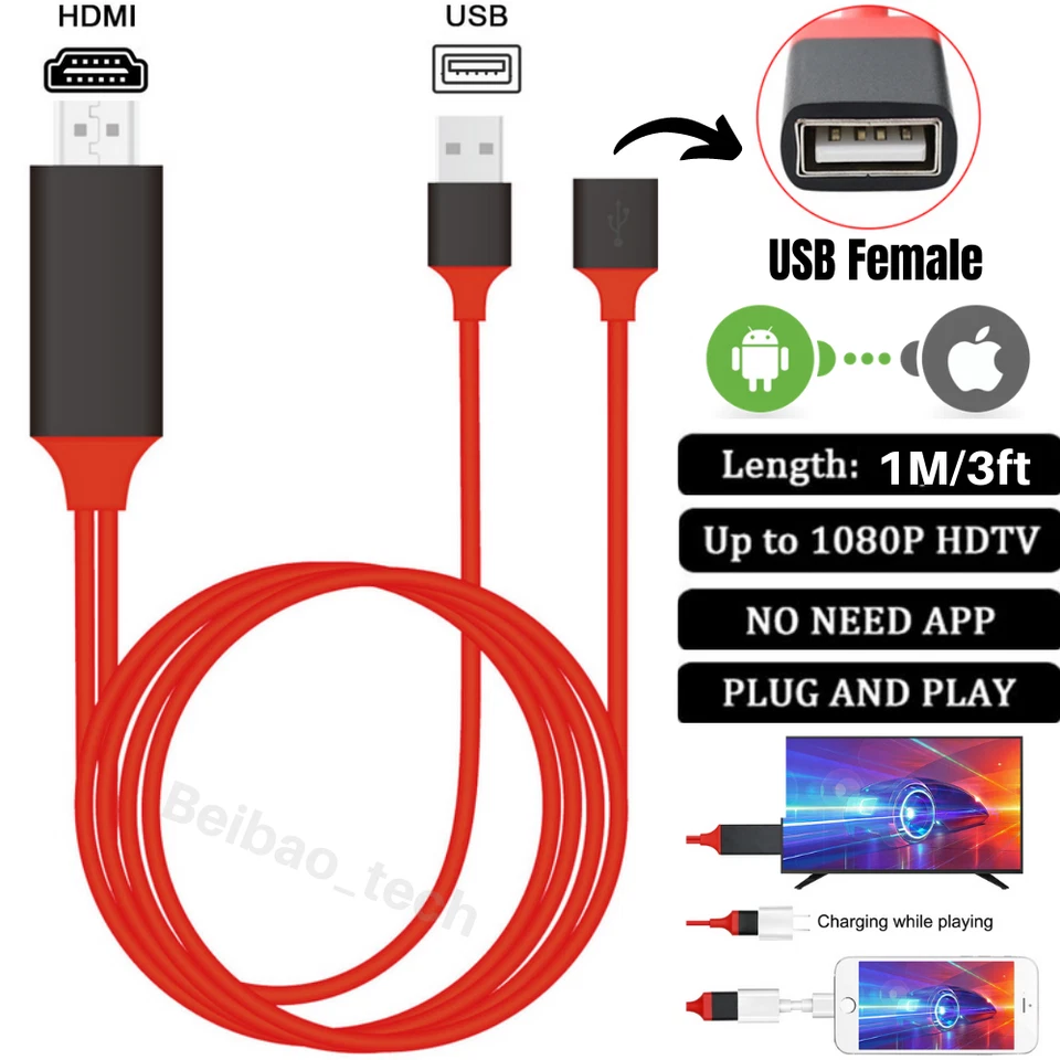 1080P Universal HDMI Cable Phone to TV HDTV AV Adapter For iPhone Android Type C - Image 2 of 4
