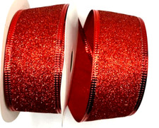 Solid Red Glittered 2.5" by 3 yd Metallic Wired Ribbon Christmas Valentine's Day