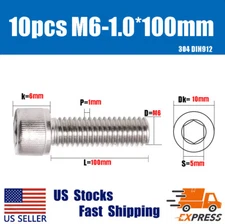 10PCS New M6 X 100mm 304 Stainless Steel Allen Hex Socket Cap Head Screws DIN912