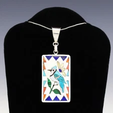 NATIVE AMERICAN ZUNI STERLING SILVER & INLAY BLUE JAY PENDANT BY QUINTIN QUAM