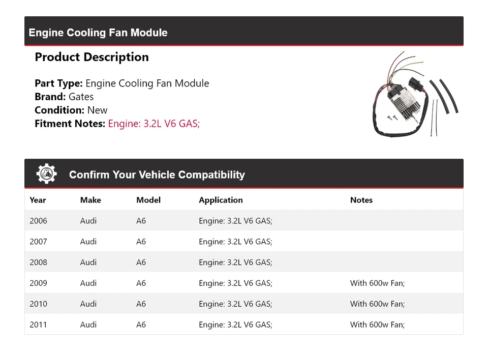 Для 2006-2011 Audi A6 3.2L V6 газовый двигатель охлаждения вентилятор модуль ворота 2007 2008 2009 - Изображение 2 из 4
