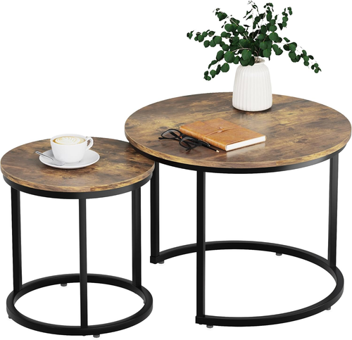 Nesting Coffee Table Set of 2, 23.6" round Coffee Table Rustic Wood Top with Adj - Picture 8 of 8