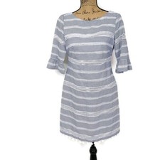 Vince Camuto Womens sz 2 Sheath Dress Blue White Striped Tassel Hem Short Sleeve