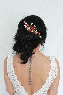 Red Gold Floral Wedding Hair Comb Red Floral Bridal Hair