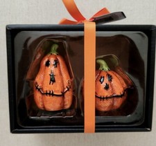 Blue Sky Clayworks Halloween Stitched Pumpkins Ceramic Salt & Pepper Shakers NIB